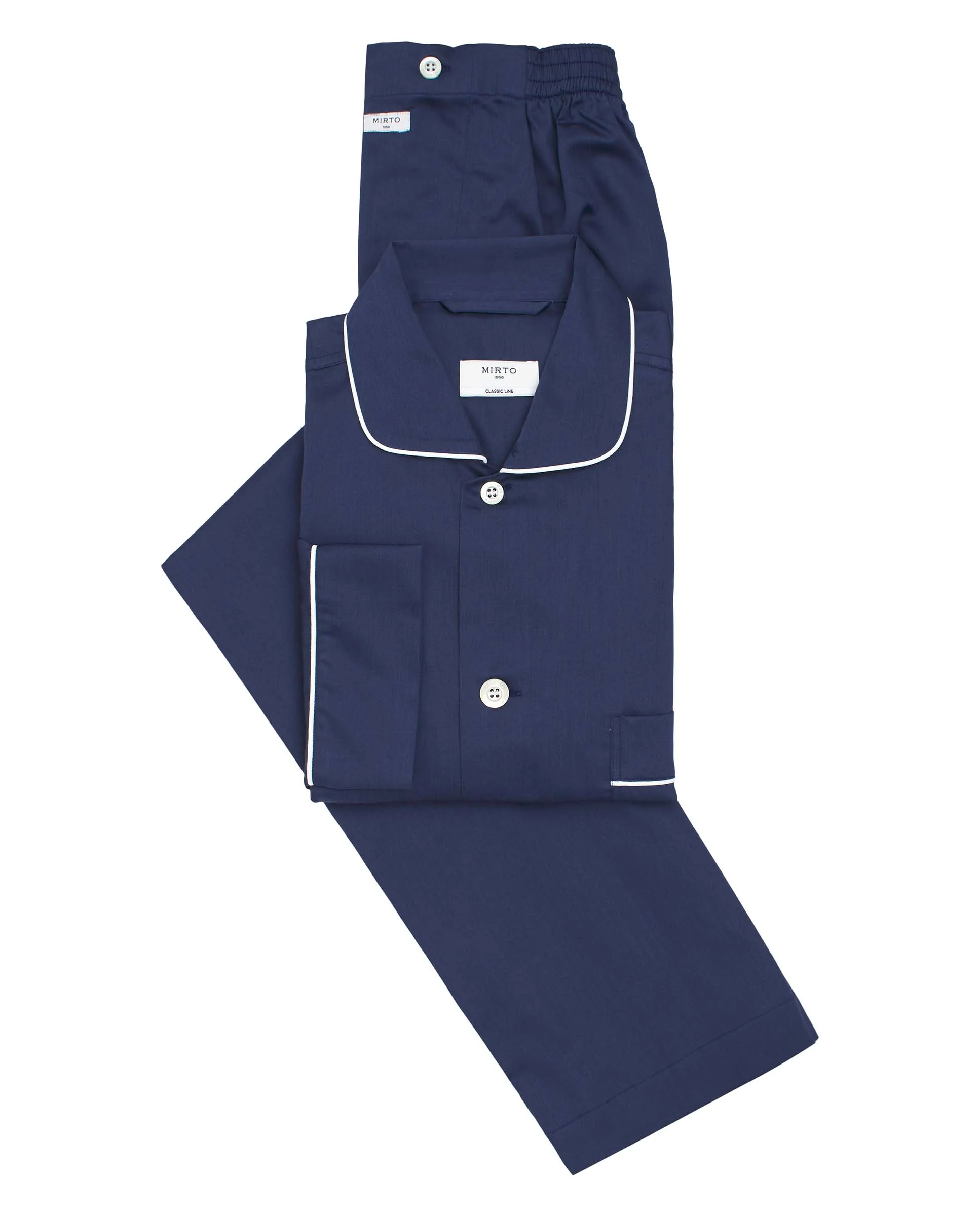 Pijama largo de algodón satinado azul marino - Image 3